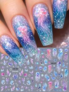 2pcs Holographic Jellyfish Mermaid Summer Ocean Nail Art Sticker Aurora Iridescent Sea Animals Nail Decals Whale Pearl Shell DIY Self Adhesive Manicure Decoration Salon Accessories Nail Stickers - Multicolor - View 2