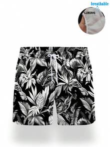 Men's Summer Surf Beach Shorts With Palm Tree Pattern, Adjustable Waist Swim Trunks - Black and White - View 5