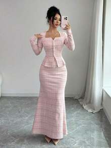 Conjunto de 2 piezas elegante y ajustado con chaqueta de manga larga de solapa única a cuadros y falda midi con bajo de cola de sirena para mujer - Rojo y blanco - Ver 5