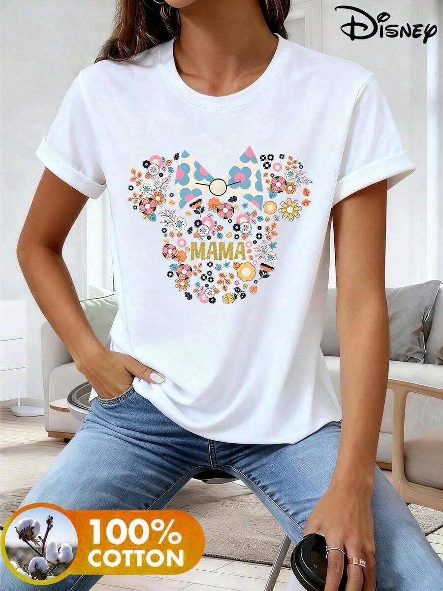 Disney Official Minnie Mouse Limited Edition Floral MAMA Heart Print Oversized T-Shirt - Perfect For Daily Shopping, Gatherings, Unisex, Suitable For Holidays, Parties, Birthdays, Gifts, Dates, And Casual Attire - trắng - Xem 1