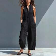 Mono casual para mujer sin mangas, cuello alto y bolsillos - Negro - Ver 9