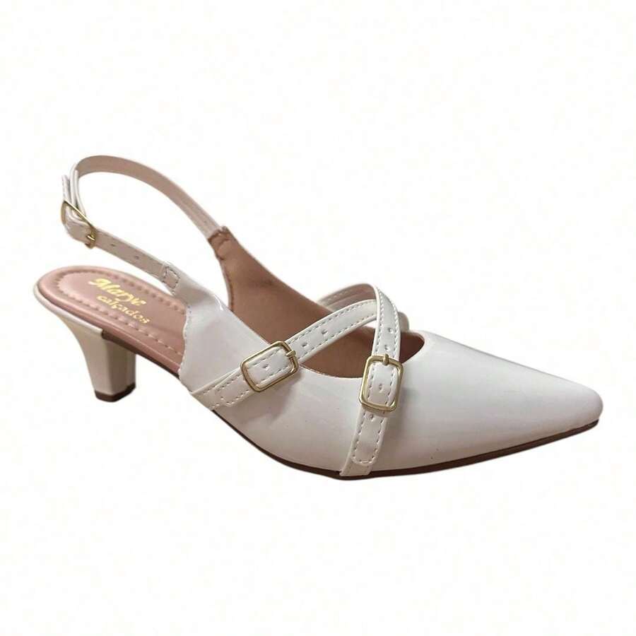 Women's Dress Shoe, Slingback, Pointed Toe, Low Heel, Buckles, Lightweight, Comfortable - 白色清漆 - 查看 1