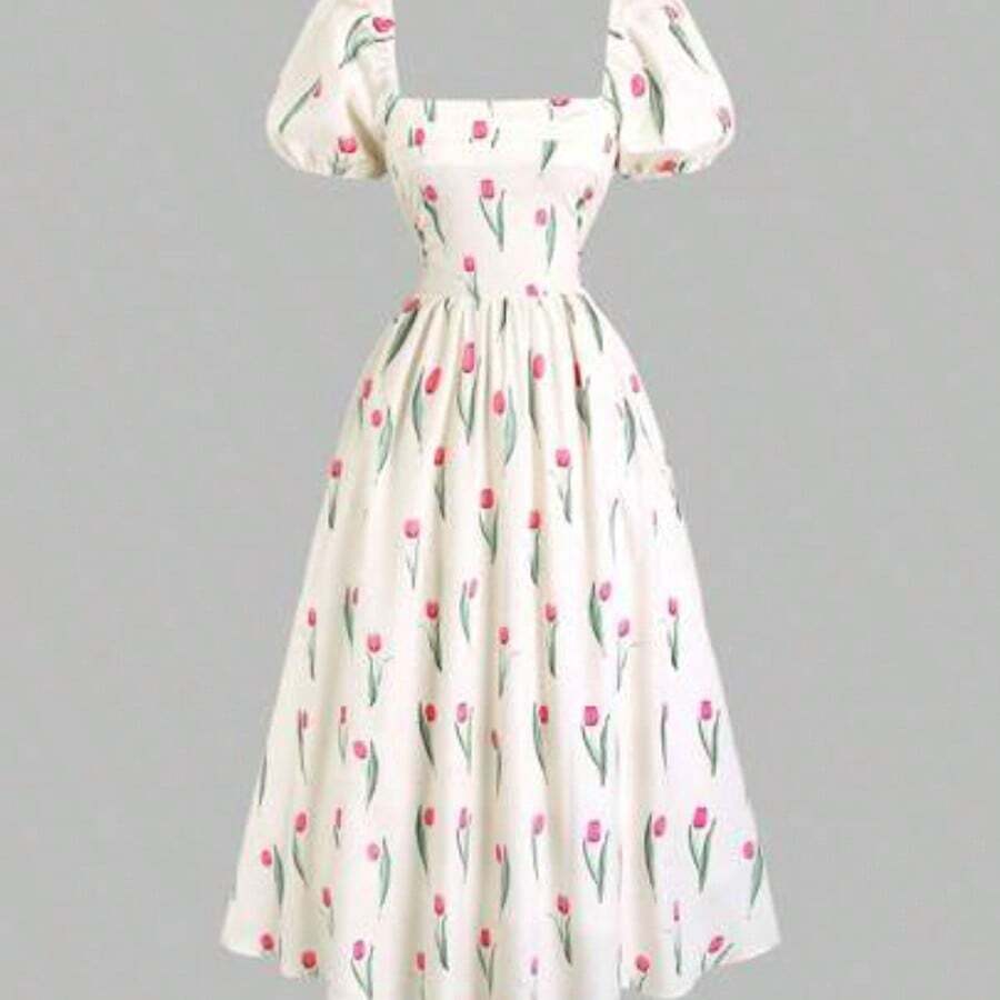 guang zhou mi qian shang mao Vestido de verano estilo francés, vestido largo blanco de alta calidad y lujo con elegante estampado floral de magnolia ditsy para damas - Multicolor - Ver 1