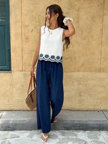 Conjunto de 2 piezas de top sin mangas con bordado floral y ribete de concha, y pantalones de pierna ancha, para mujer, estilo casual de vacaciones, primavera/verano - Azul - Ver 3