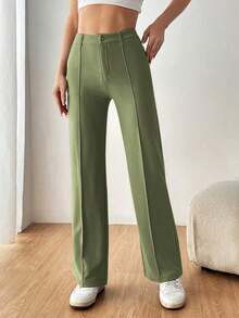 Pantalones de traje de mujer con bolsillos laterales sesgados, líneas de costura visibles para otoño/invierno - Verde militar - Ver 4