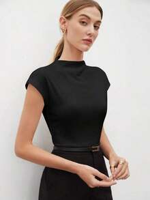 Camiseta de mujer de unicolor con cuello alto y mangas cortas tipo murciélago, casual de negocios para mujeres, uniforme de maestro, ropa de oficina, escuela, top básico, estilo vintage - Negro - Ver 8