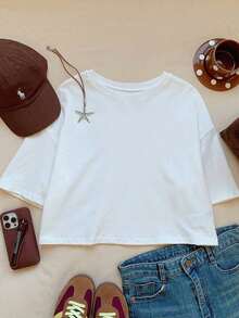 Camiseta crop de hombros caídos - Blanco - Ver 4