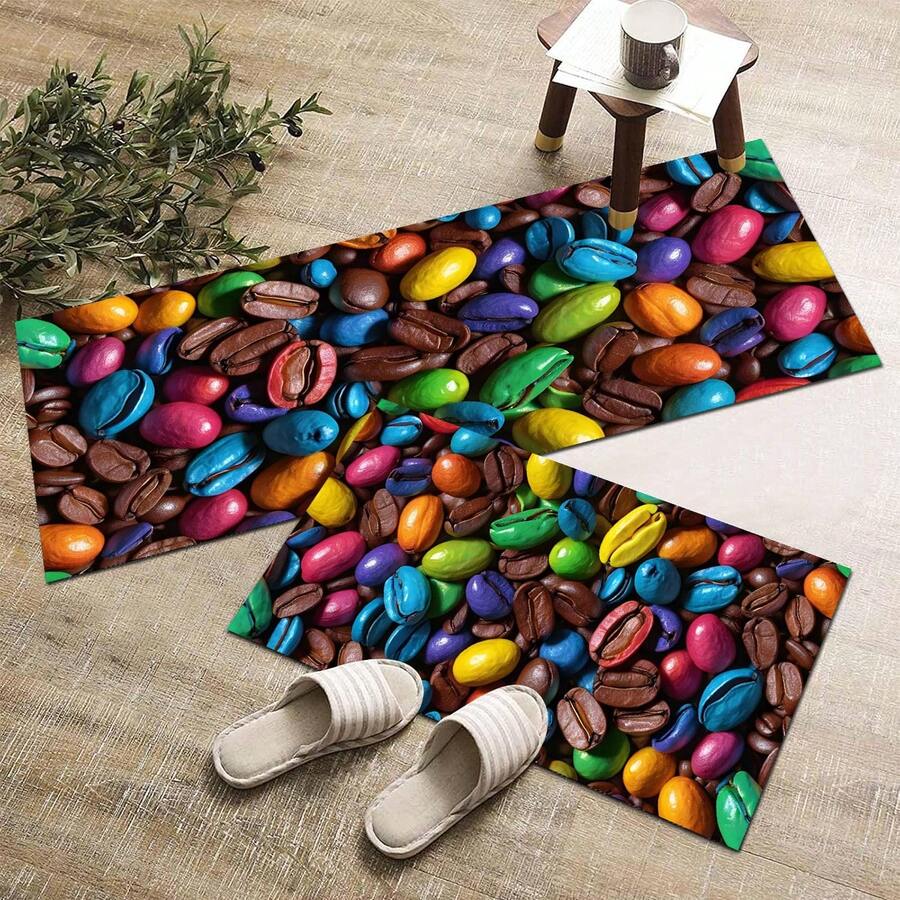 1pc Colorful Coffee Bean Pattern Printed Rug Series, Long Doormat, Indoor Entrance Mat, Bedroom Bedside Mat, Kitchen Mat, Suitable For Living Room, Laundry Room, Bathroom - Multicolor - View 1