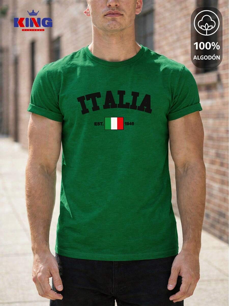 King T-shirt Playera 100% algodón de excelente calidad, esta playera garantiza una suavidad excepcional al tacto, cuello redondo con estampado "Italia Est. 1946 Flag" y manga corta - Agua verde azul - Ver 1