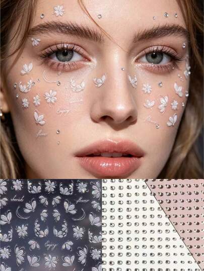 1pc Transparent Butterfly Flower Face Sticker! Holographic Butterflies Paired With Soft White Flowers, Accented With Fine Sparkling Silver Rhinestones, Providing A Built-In Soft Focus Filter. The Transparent Base Blends Seamlessly With Skin, Suitable For All Makeup Looks, Easily Creating A Pure And Sweet Vibe. Perfect For Music Festivals, Dates, And Photo Shoots, Instantly Unlocking A Charming, Ethereal Look To Be The Center Of Attention.