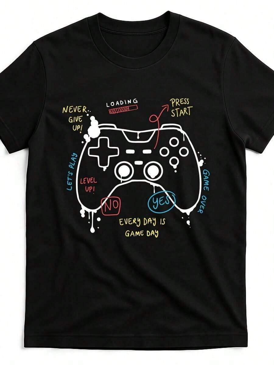 Camiseta de Polyester hombre, divertida camiseta de videojuegos  jugadores, suave y transpirable, cuello redondo casual, manga corta, perfecta  ropa informal, ropa divertida  todo el año, parte superior cómoda y casual - Negro - Ver 1