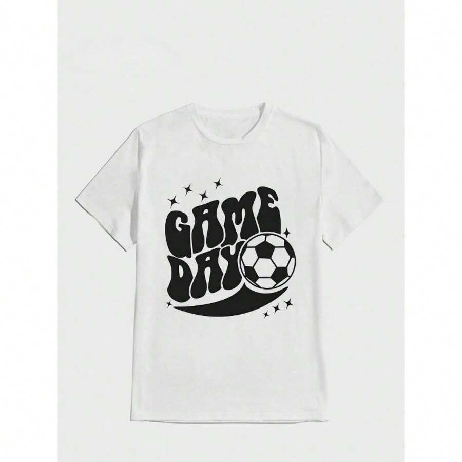 Vibraciones del Día del Partido de Fútbol - Camiseta de Algodón para Hombre, Casual y Deportiva con Estampado Digital de Fútbol, Ideal para Fiestas, Actividades al Aire Libre, Lavable a Máquina - Blanco - Ver 1