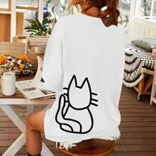 Camisetas Lindas de Gato para Mujer, Camiseta Oversize con Gráfico de Gato Negro, Camiseta Casual, Camisetas Kawaii, Tops Divertidos y Estéticos - Blanco - Ver 3