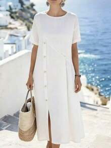 Vestido de vacaciones asimétrico con botones, de cuello redondo, de manga corta y de corte holgado, con aspecto de lino, para mujer, en color beige - Blanco - Ver 3