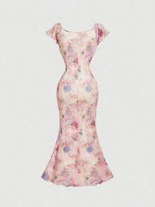 MOD Vestido de verano con estampado floral elegante y bajo de cola de pez para mujer - Blanco - Ver 9