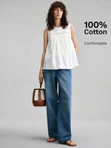 Ontre Blusa de verano informal sin mangas con ribete tejido para mujer - Blanco - Ver 2