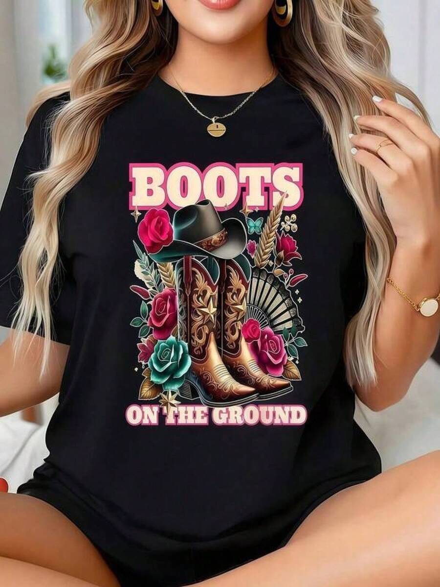 Camiseta unisex de manga cortaDeMujerDeEstiloRetroOesteConGráficoBotasEnTierraDeMangaCorta,DiseñoDeBotasYSombreroDeVaqueroDeModaCamisetaInformalDeCuelloRedondoConEstampadoVibranteRedondoCuelloImpresoCortoMangaInformalTodos los díasCamisetaEllosSonExcelenteRegalosParaAmigosYFamiliaCamisetasCaracterísticaAJovenYA la modaDiseñadores de pantallashombre, , , Dazymujer,romwehombres, bohochic,maestrasregalos,camisetaparaconjuntos de mujercon curvasparamu,y2k, - Negro - Ver 1