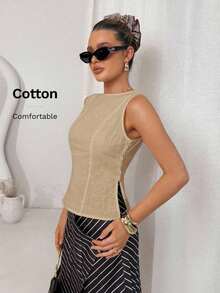 Camisa de mujer de cuello redondo sin mangas a rayas en blanco y negro con botones laterales y abertura, elegante para ir al trabajo, básica, para profesoras, negocios casuales, oficina, trabajo de mujeres, profesional, uso de oficina, casual de - Caqui - Ver 8