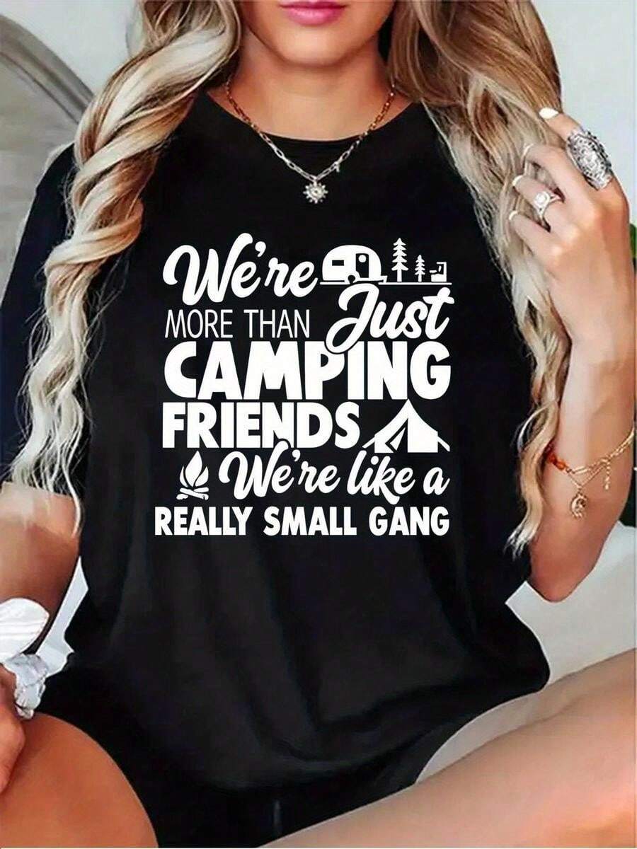 1 pieza de playera para hombre y mujer, 100% algodón puro, cuello redondo casual con estampado, manga corta transpirable para uso diario, playera para mujer con mensaje Luz de la fogata - Negro - Ver 1