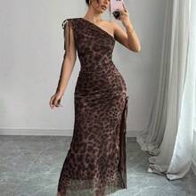 guang zhou mi qian shang mao  Vestido maxi sin mangas con abertura alta y estampado floral elegante de malla para mujer - Café integral - Ver 7