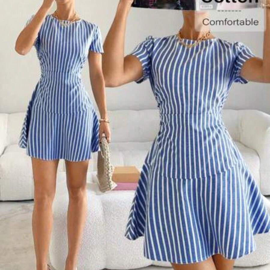 Nana's Women's Clothing Store Vestido de fiesta elegante de mujer con cuello redondo a rayas y cintura ceñida - azul real - Ver 1