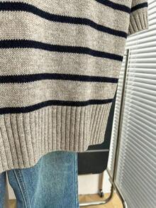 Nueva llegada Primavera/Verano Estilo coreano Casual Suelta Personalizada Blusa de punto de mujer a rayas de color contrastante - Caqui 4 - Ver 5
