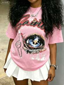 Cotton Clothes Y2K-Inspired Letter Print T-Shirt,Casual Crew Neck Short Sleeve, Perfect For Spring Summer Fall, Fashion Streetwear Unisex, Graphic Tee - 粉色 - 查看 13