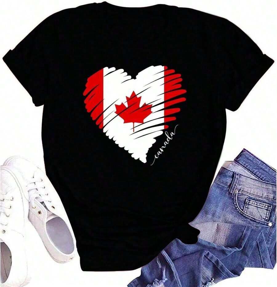 Women's Casual Cotton T-Shirt With Canadian Flag And Heart Print, Short Sleeve, Round Neck, Drop Shoulder, Cute Summer Garment With Slightly Stretchy Fabric - 黑色 4 - 查看 1