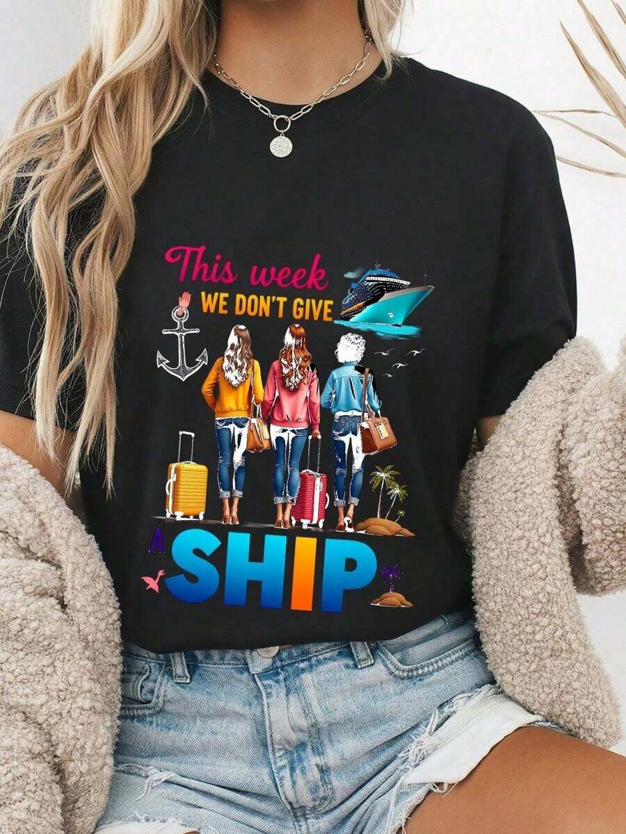 Esta semana no vamos a navegar Camiseta de crucero familiar para vacaciones de verano, viajes de chicas, 100% algodón, cuello redondo, top para vacaciones familiares, regalo divertido para m - Negro - Ver 1