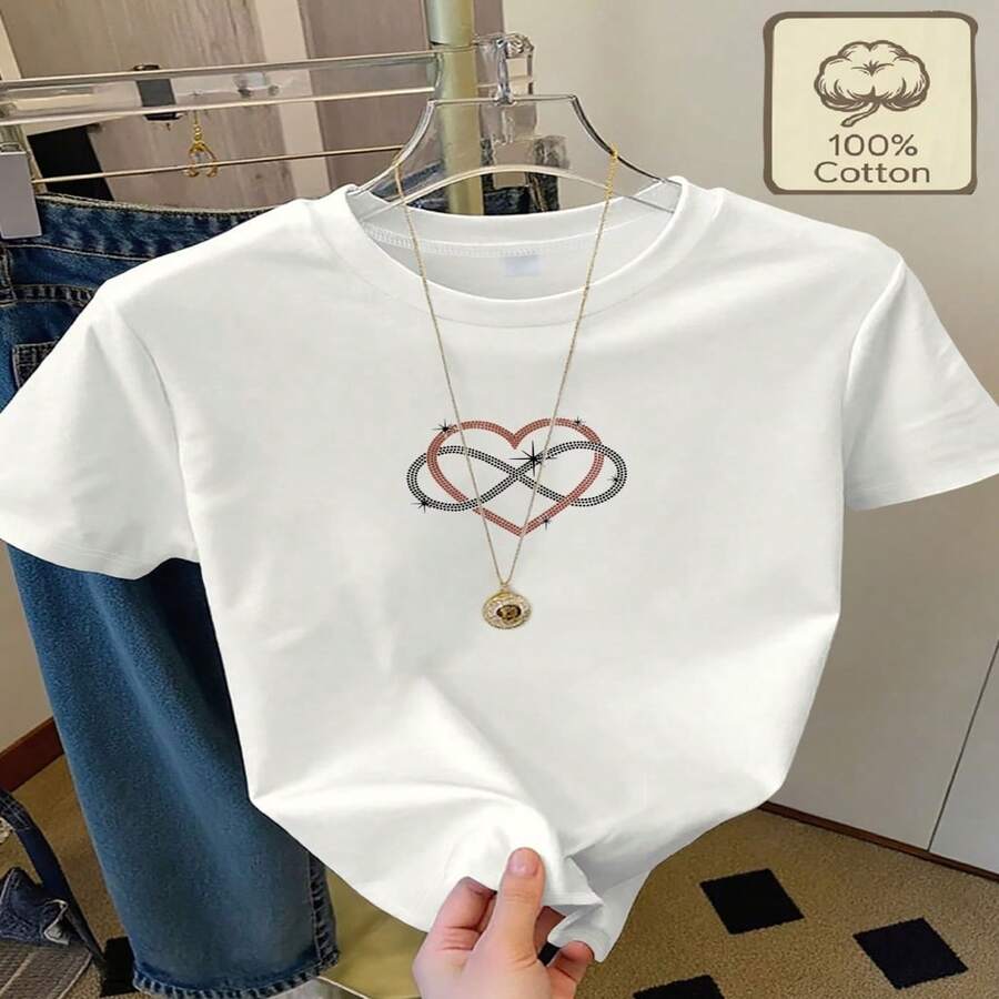 Women's Short-Sleeved, Casual, Home-Appropriate T-Shirt With A Print Of Double Hearts Intertwined With Dots And Stars, Standard Size, Round Neck - 白色 - 查看 1