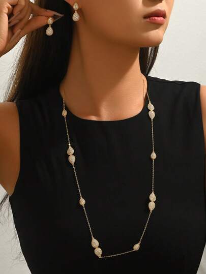 3pcs Luxury Elegant Copper Gold-Plated Water Drop Necklace, Earrings & Jewelry Set, Suitable For Women's Wedding, Party, Event And Holiday Wear