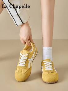 La Chapelle Women's Thick Sole Lace-Up Soft Bottom Casual Sneakers, Low-Top Flat Outdoor Commuter Shoes, Round Toe Low Heel Solid Color Elegant Soft Bottom Hiking Shoes, Suitable For Students Graduation Photo, Women's Low-Top Microfiber Sports Skateboard Shoes - Lemon Yellow - View 7