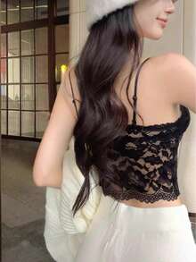 Áo hai dây ren cho nữ có đệm ngực tích hợp, áo vest ngắn gợi cảm, đồ lót hở lưng đa năng. - màu đen - Xem 3