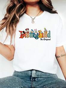 Disney Licensed, Best-Selling Women's Print: Minnie Mouse Head, Diamond Sparkle, Bow, Fashionable And Cute Printed Short-Sleeved Crew Neck T-Shirt. Crew Neck, Casual, Comfortable, Stylish, And Versatile, Suitable For Spring, Summer, And Autumn. Optimistic Design, Elastic Fabric. - trắng - Xem 2