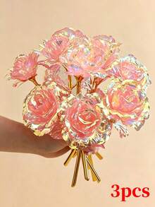 Sparkling Eternal Crystal Rose Bouquet 1pc/3pcs/5pcs Set - Realistic Plastic Roses With Exquisite Pink Tint, Perfect Gift For Couples, Suitable For Weddings, Valentine's Day, Anniversaries, Party Holiday Decor, Reusable - Multicolor - View 15