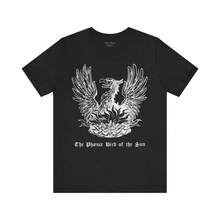 Camiseta con el pájaro del sol, fénix, criaturaítica, camiseta gótica vintage, camiseta gótica, camiseta de xilografía medieval, camiseta unisex de manga corta - Negro - Ver 2