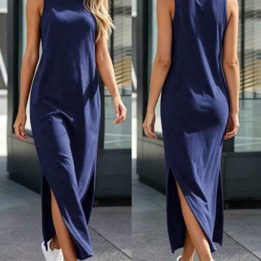 guang zhou mi qian shang mao Vestido de tirantes casual de ajuste holgado con cuello redondo, sin mangas y bajo con abertura en color liso - Azul marino - Ver 1