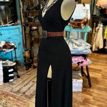 guangzhougaolangshangmao  Vestido largo sin mangas de cuello en V profundo de unicolor para mujer - Albaricoque - Ver 4