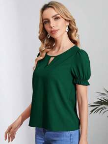Blusa con cuello de ojal y manga abullonada, blusas de manga corta - Verde Oscuro - Ver 5