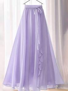 Women's Solid Color Elegant Floral Lace/Ruffle Waist Tie Draped Maxi A-Line Skirt Summer - Lilac Purple - View 4