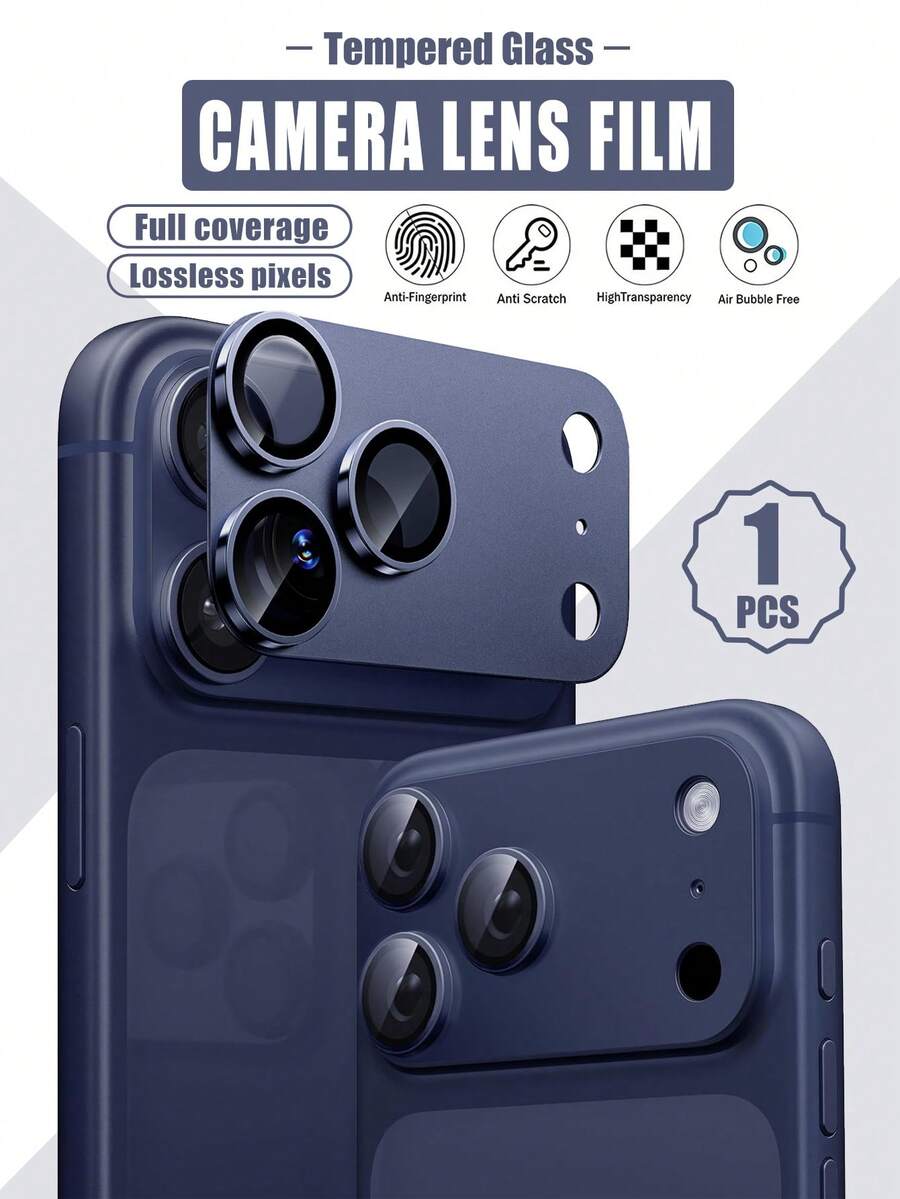 1pc Metal Framed Tempered Glass Camera Lens Protector - Deep Blue. Suitable For IPhone 17 Pro/17 Pro Max Camera Lens Protection, Fits 16 Pro Max/15 Pro Max/15 Pro/15/14/13/12 Pro/12 Pro Max/11 Camera. [Matte][Strong Adhesive]. Suitable As A Gift For Birthday, Easter, Spring, Summer And Other Holidays. - Navy Blue - View 1