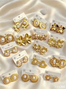 70pcs/35pairs - A Set Of Exquisite And Elegant Pearl Earrings, Suitable For Women To Wear, Including Thick And Bold Gold Earrings Decoration, With Beautiful Flower, Gold Drop, Hoop And Asymmetrical Geometric Patterns In Multiple Styles, Can Be Matched According To Different Occasion Needs. - Random Earring Set - View 5
