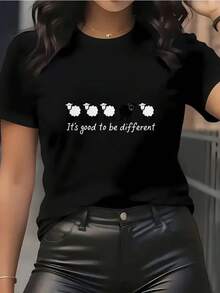 Camiseta de mujer de algodón cuello redondo manga corta verano chic oveja diseño  en México - Negro - Ver 6