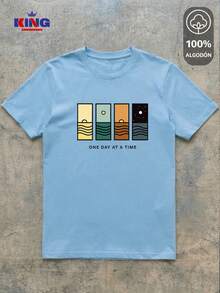 King T-shirt Playera 100% algodón de excelente calidad, esta playera garantiza una suavidad excepcional al tacto, cuello redondo con estampado "One Day At A Time Landscape Panels" y manga corta - Celeste - Ver 2