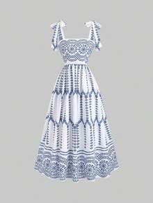 Vestido vintage de mujer con cintura anudada y estampado floral diminuto, de peso ligero y lujoso, sin mangas, rojo, ajustado, sexy, adecuado para vacaciones de verano y fiestas - Multicolor - Ver 1