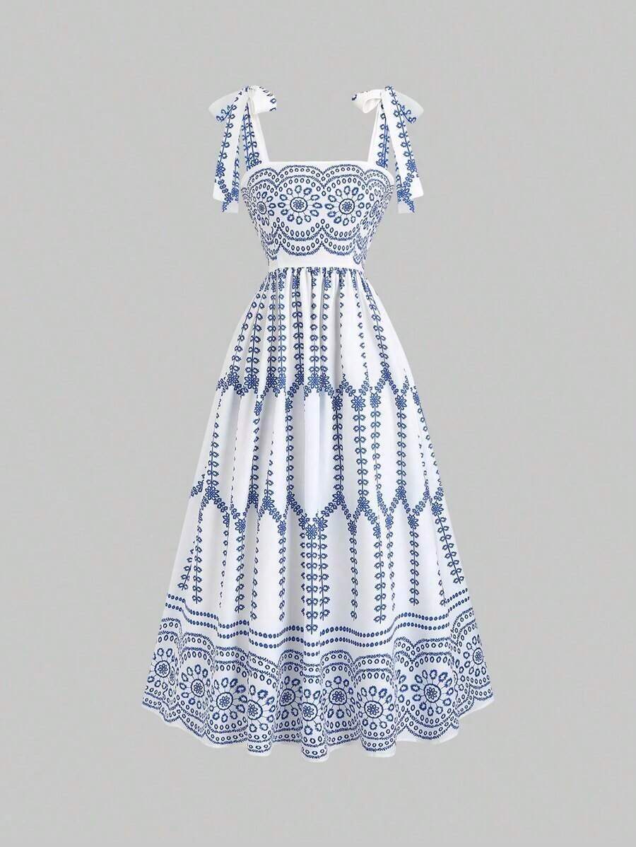 Vestido vintage de mujer con cintura anudada y estampado floral diminuto, de peso ligero y lujoso, sin mangas, rojo, ajustado, sexy, adecuado para vacaciones de verano y fiestas - Multicolor - Ver 1