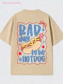 2026 New Fashion,1PC,Women's " Day To Be A Hotdog" Retro Cartoon Graphic T-Shirt |     100% Cotton Breathable Spring Tops, Oversized Short Sleeve Tee, - 杏色 - 查看 4
