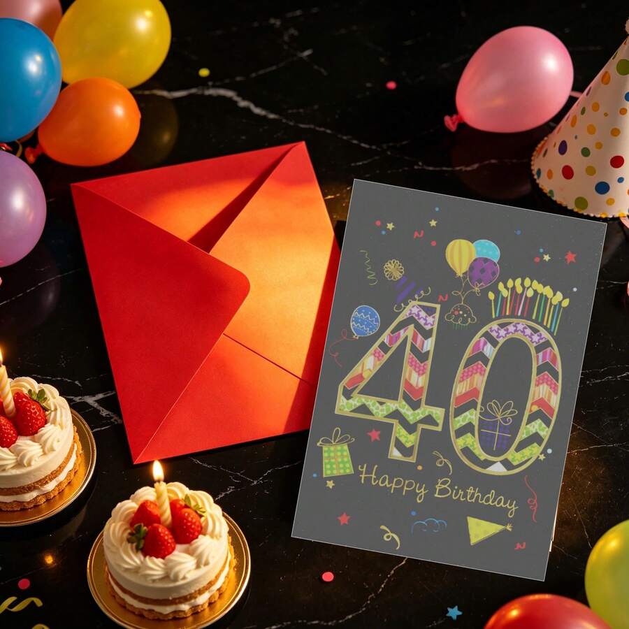1. 生日贺卡,配红色信封,彩色三角形图案“40”主题派对气球设计,黑色闪光背景生日贺卡 - A - 查看 1