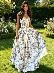 2026 Spring New Women's Clothing:-Border European And American Dresses, Elegant Printed Large-Sleeve Strap Gown - 圖片色 - 查看 6