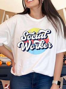 Camiseta Estilo Vintage para Mujer, Casual, de Talla Grande, con Diseño Retro Colorido, Perfecta para Uso Diario y Eventos de Trabajo Social - Blanco - Ver 6